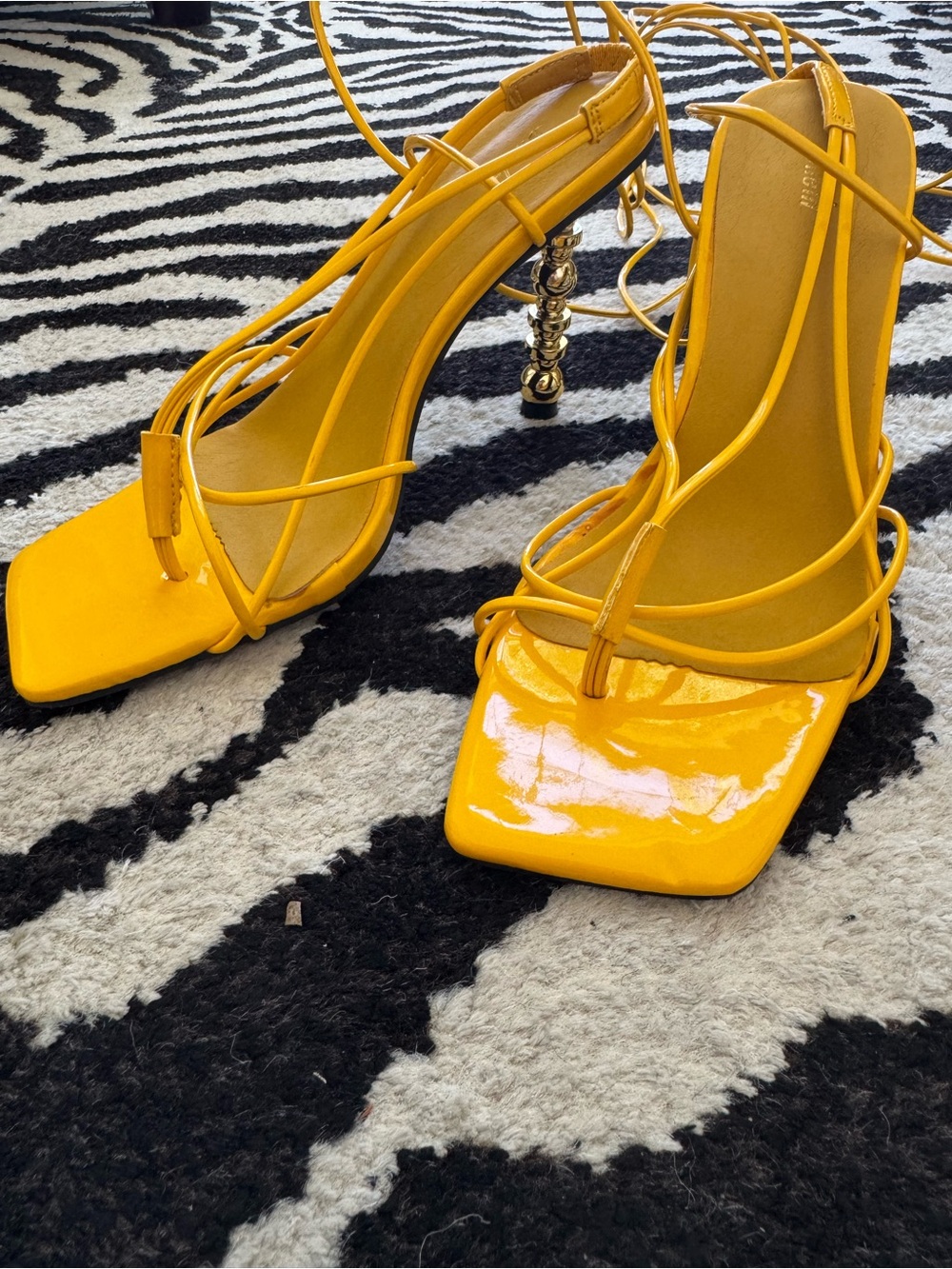 SHEIN Yellow Strappy Patent High-Heel Sandals with Sculpted Metallic Heel